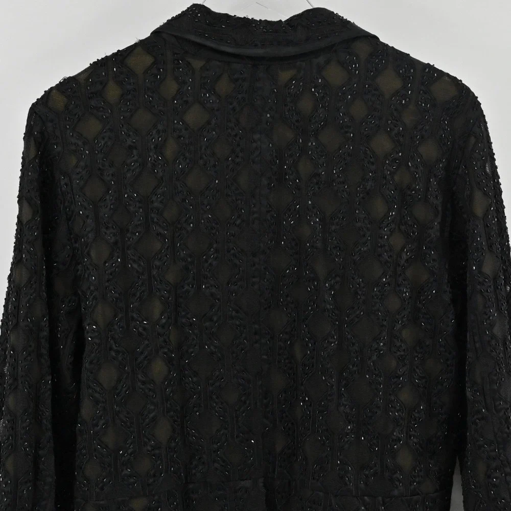 Chicos Beaded‎ Diamond Lattice Blazer Womens Size 2 L Black Cotton Formal Jacket